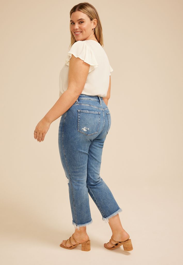 Plus Size Flying Monkey™ Mid Rise Frayed Hem Slim Straight Ankle Jean - Image 2