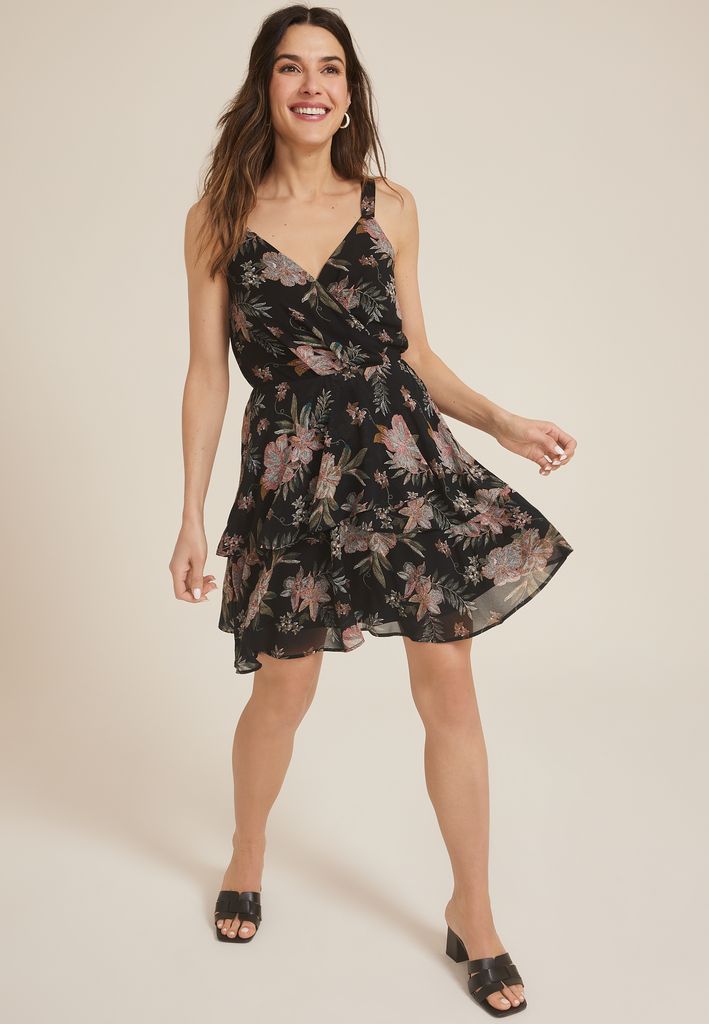 Bare Surplice Floral Tiered Mini Dress