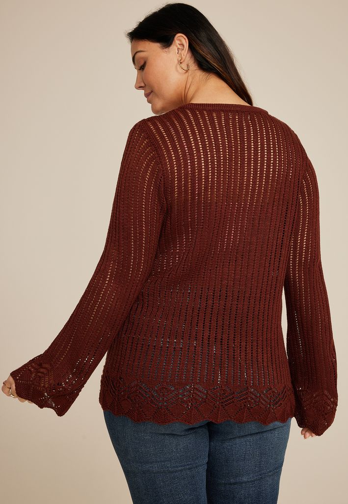 Plus Size Open Stitch Bell Sleeve Sweater - Image 2