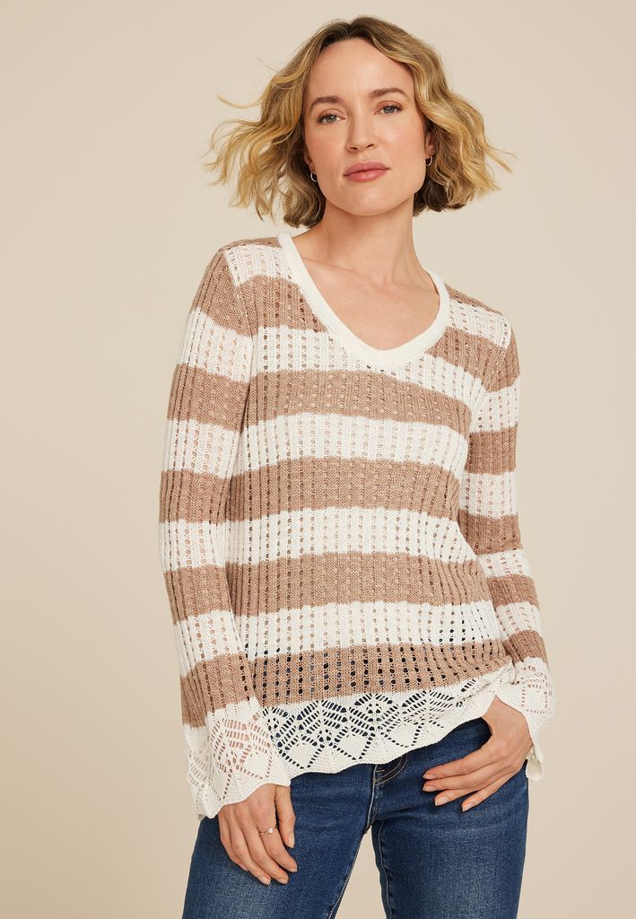Striped Open Stitch Bell Sleeve Sweater