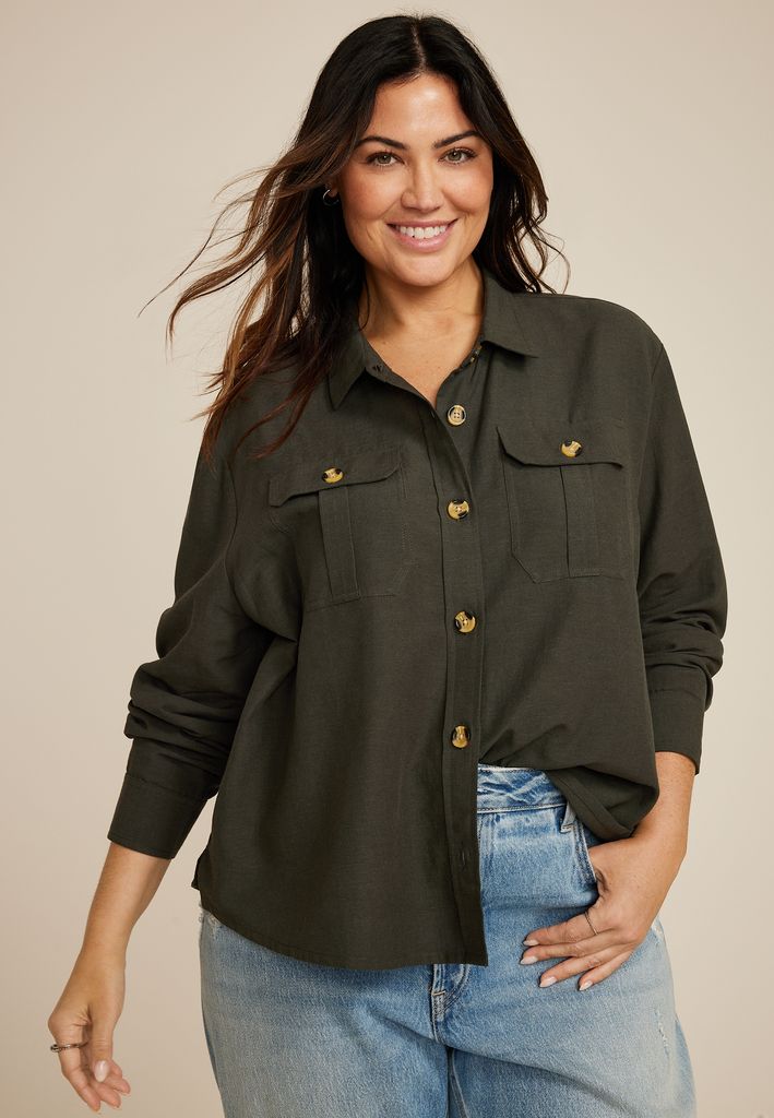 Plus Size Utility Relaxed Button Down Shirt