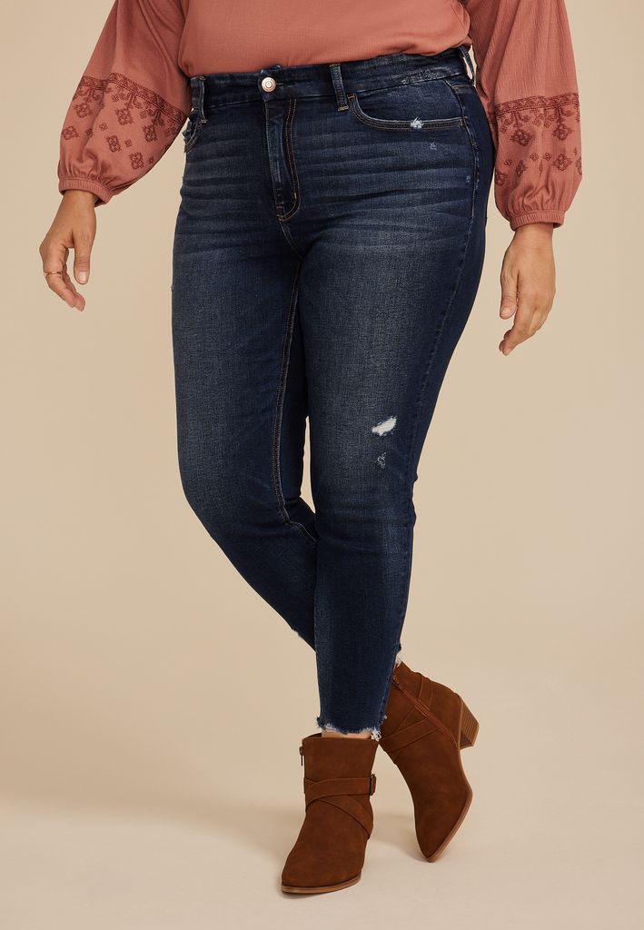 Plus Size Flying Monkey™ Mid Rise Ripped Hem Skinny Jean
