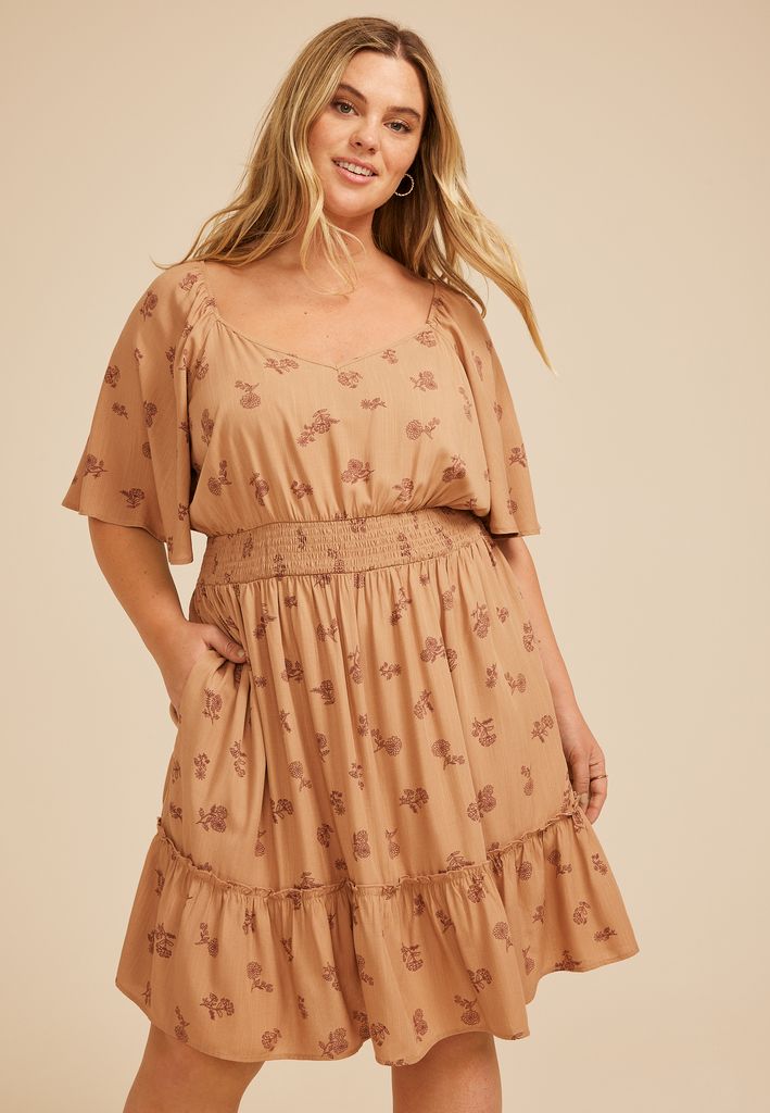 Plus Size Floral Flutter Textured Skater Dress