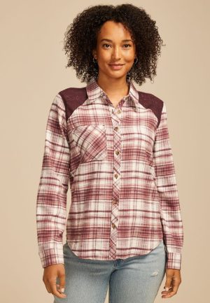 Plaid Lace Shoulder Button Down Shirt