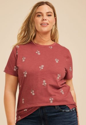 Plus Size 24/7 Dawson Embroidered Floral Crew Neck Tee