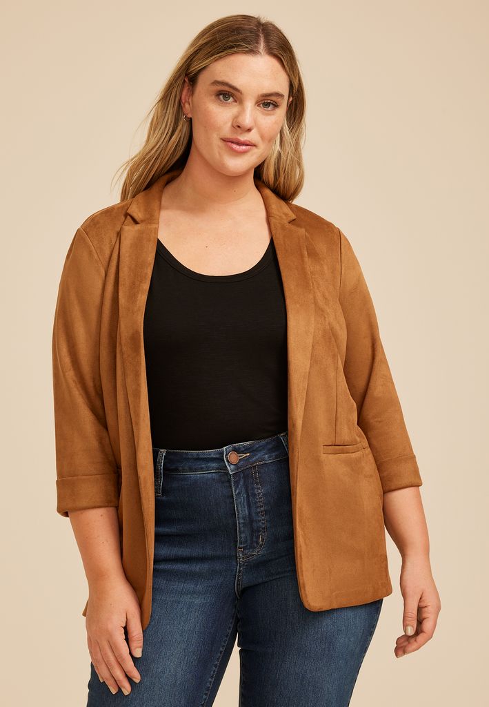 Plus Size Faux Suede Open Front Blazer