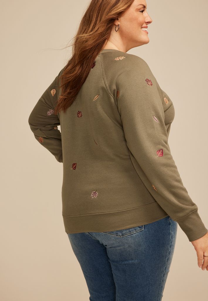 Plus Size Embroidered Falling Leaves Relaxed Fit Sweatshirt - Image 2