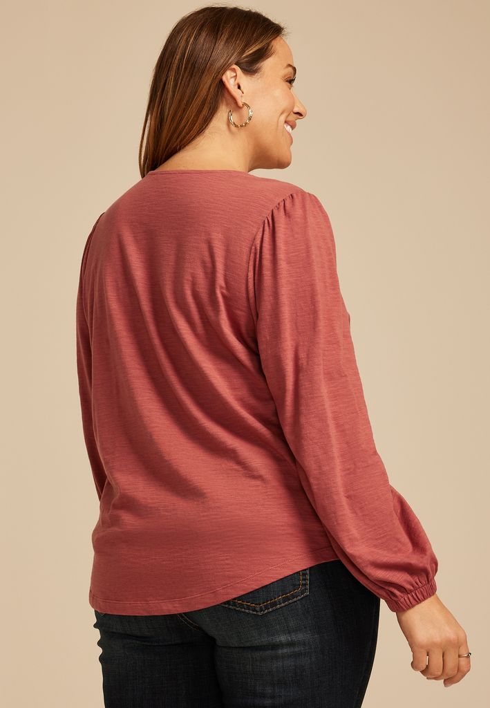 Plus Size Embroidered Long Sleeve Tie Front Blouse - Image 2