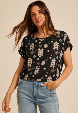 Delton Geo Print Zipper Back Blouse