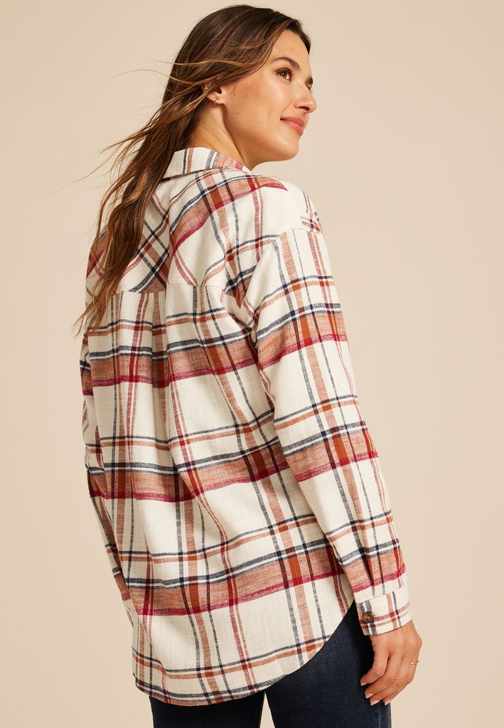 Cabin Plaid Boyfriend Tunic Button Down Shirt - Image 2