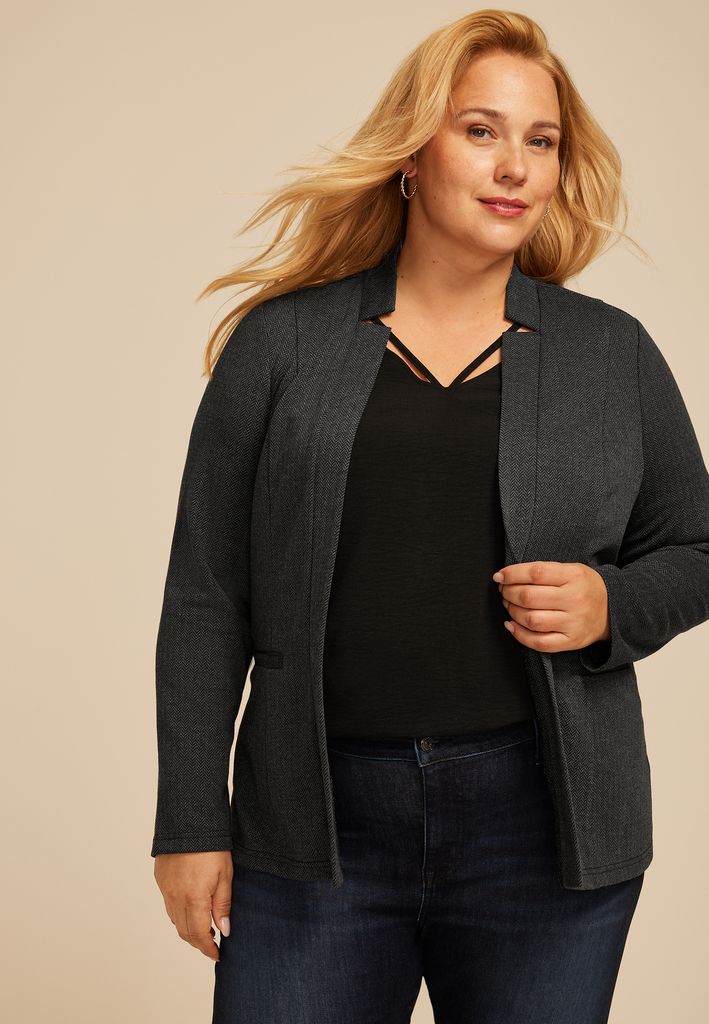 Plus Size Herringbone Ponte Knit Blazer