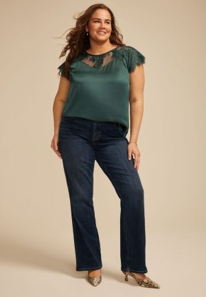 Plus Size Mixed Fabric Lace Short Sleeve Blouse