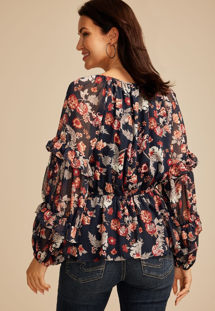 Sheer Floral Tiered Sleeve Blouse - Image 2