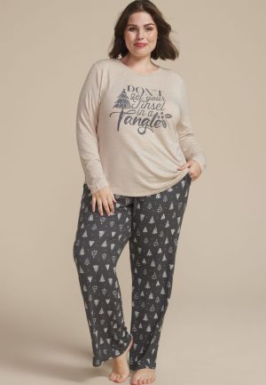 Plus Size Dont Get Your Tinsel In A Tangle Graphic Tee And Wide Leg Pajama Set