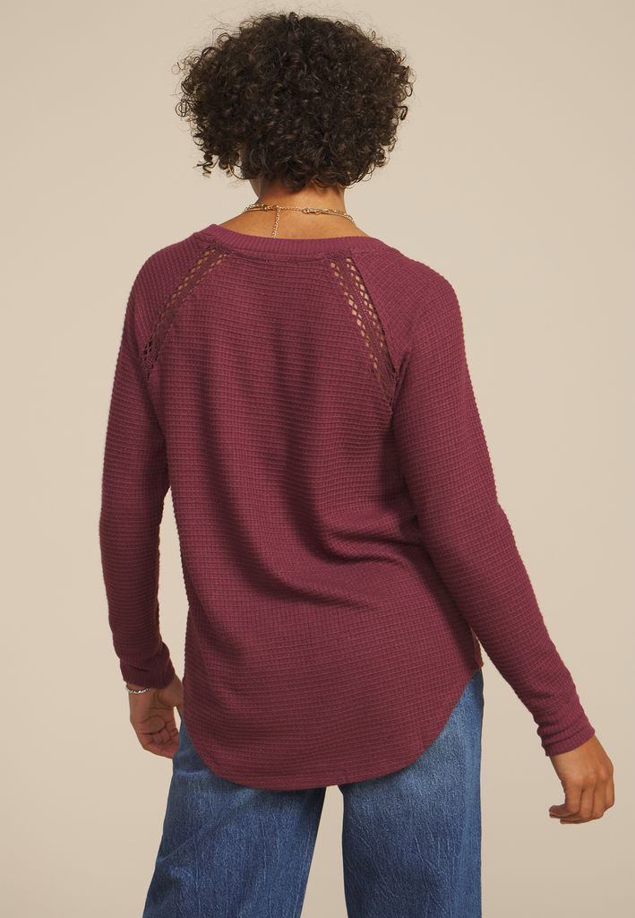 Crochet Trim Waffle Knit Long Sleeve Tee - Image 2