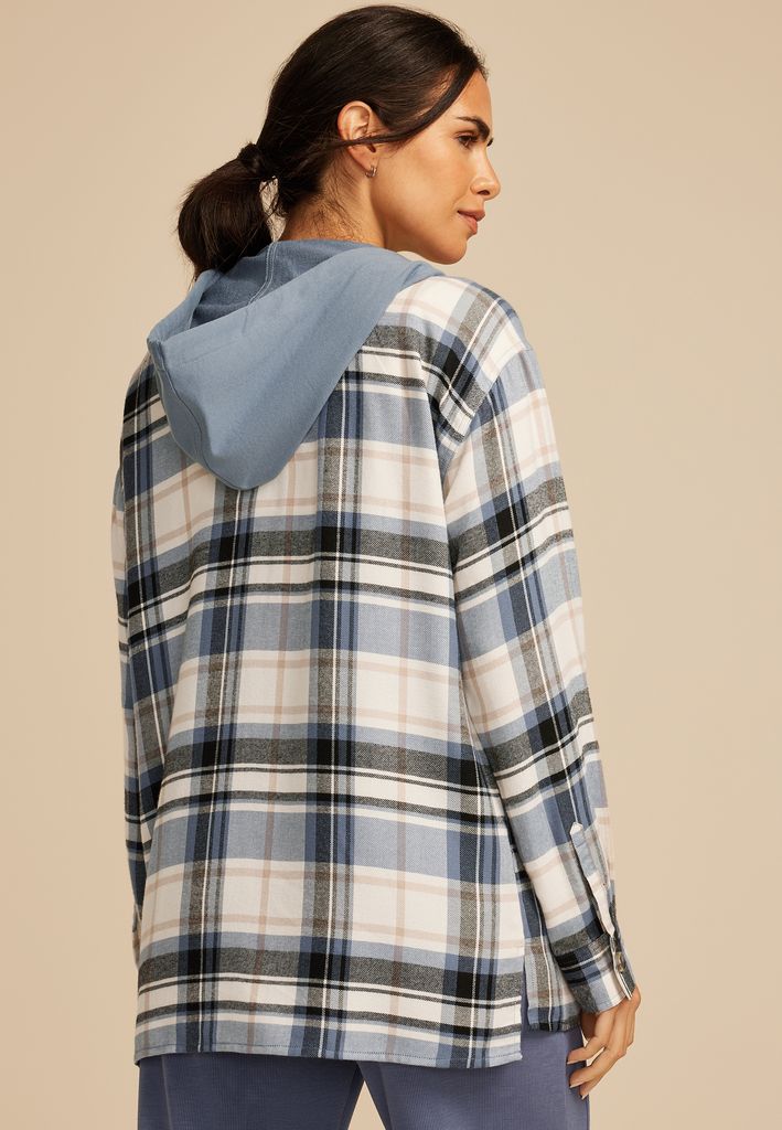 Plaid Hooded Boyfriend Button Down Shirt - Image 2