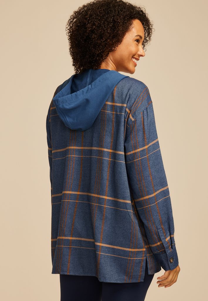 Plaid Hooded Boyfriend Button Down Shirt - Image 2
