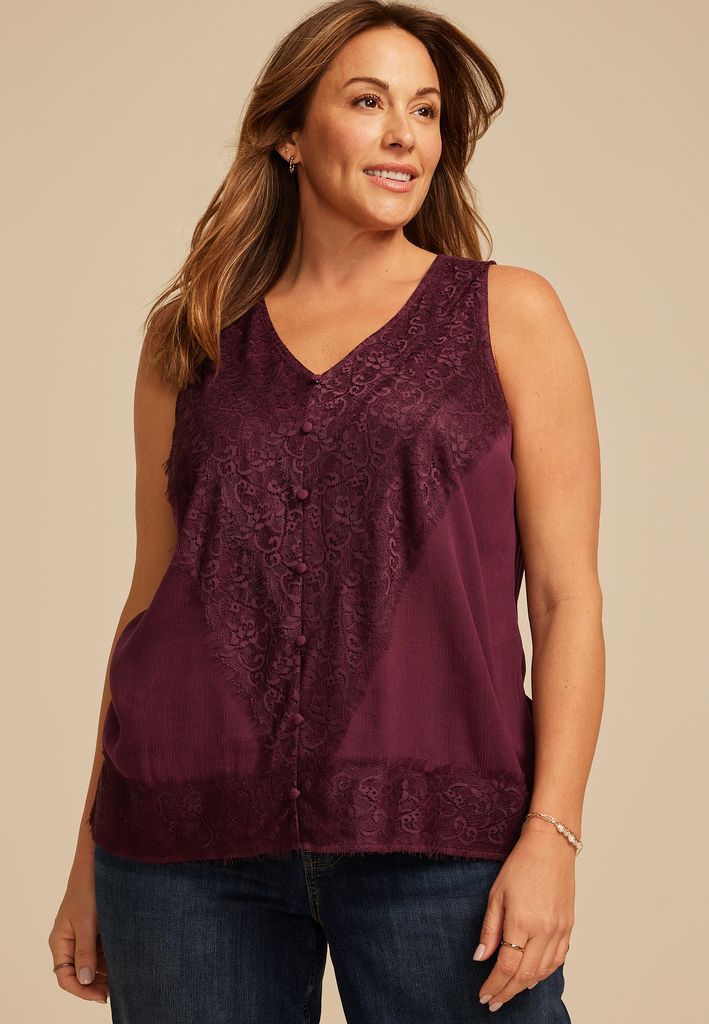 Plus Size Lace Trim V Neck Tank Top