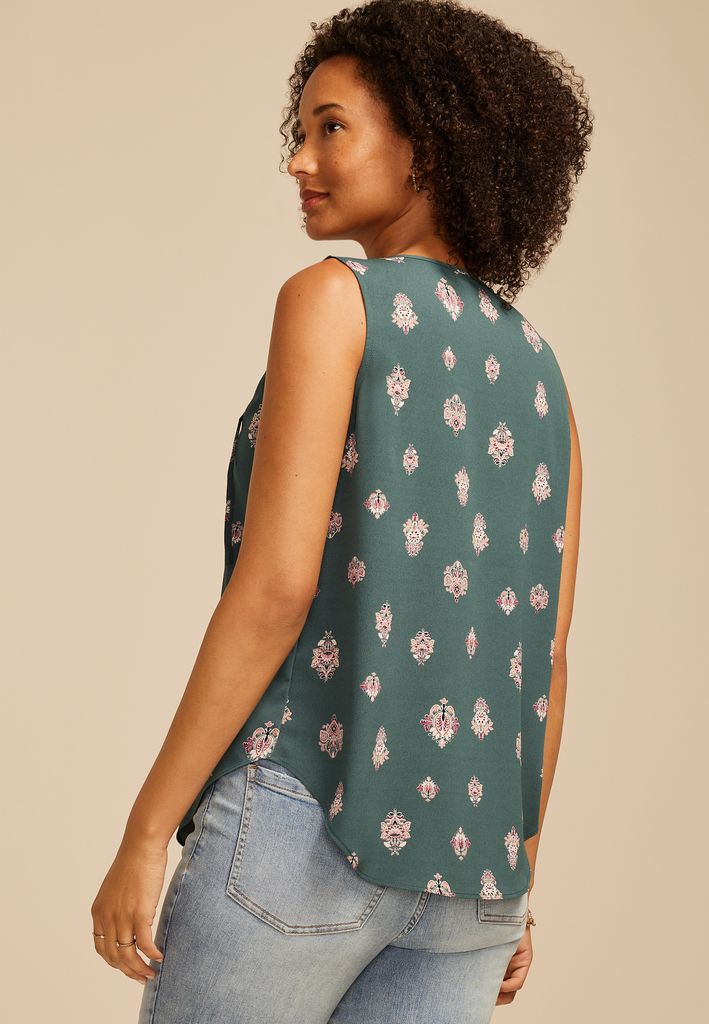 Medallion Print Front Tie Tank Top - Image 2