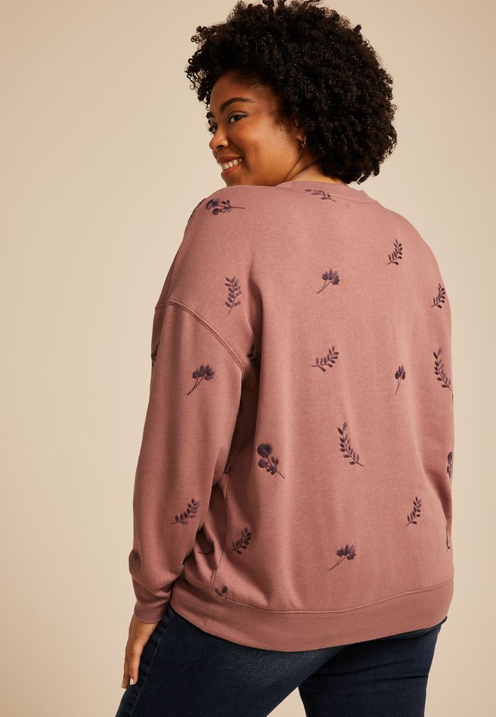 Plus Size Mauve Floral Embroidered Relaxed Fit Sweatshirt - Image 2