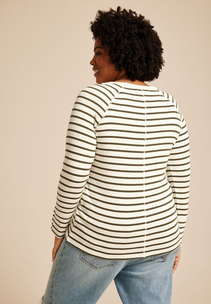 Plus Size Soft Essential Striped Crew Neck Snap Cuff Top - Image 2