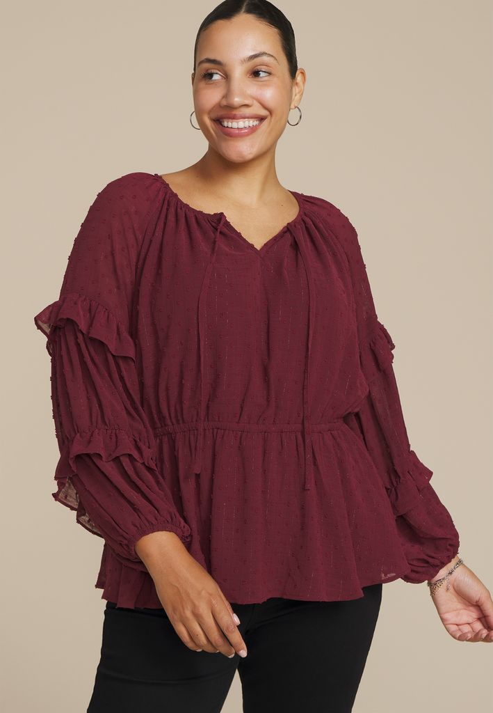 Plus Size Clip Dot Long Sleeve Peplum Blouse