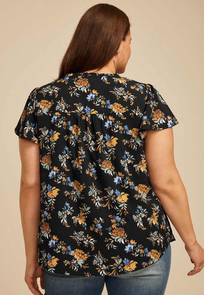 Plus Size Atwood Floral Smocked Shoulder Flutter Sleeve Blouse - Image 2
