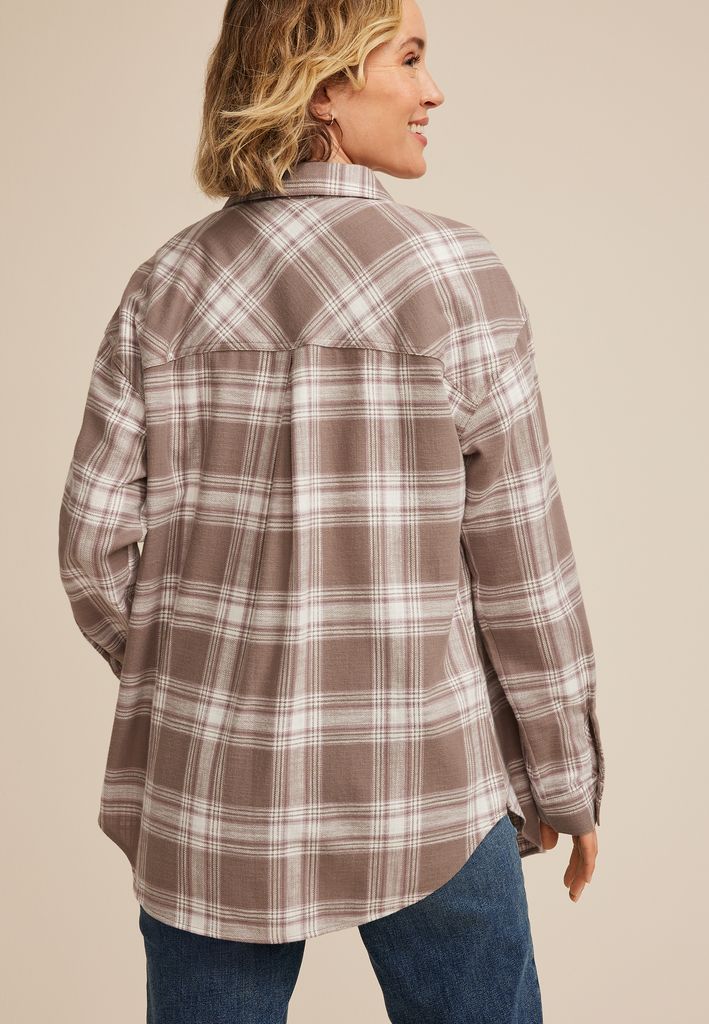Cabin Plaid Boyfriend Tunic Button Down Shirt - Image 2