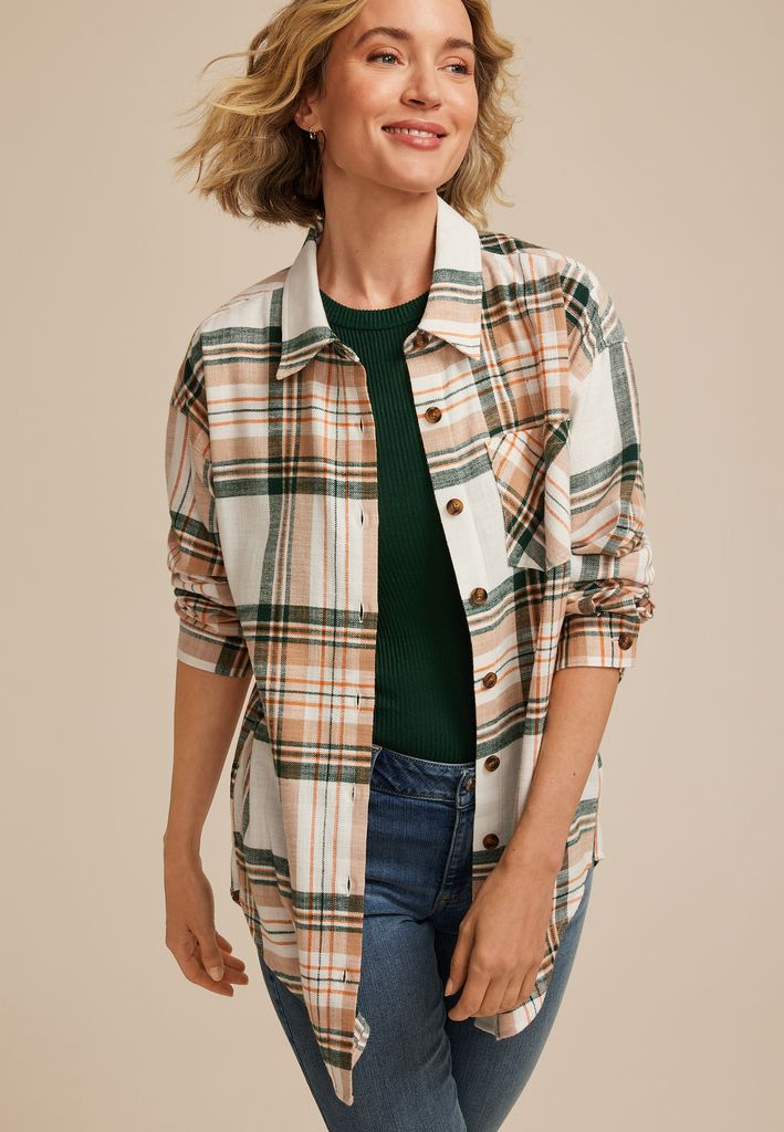 Cabin Plaid Boyfriend Tunic Button Down Shirt