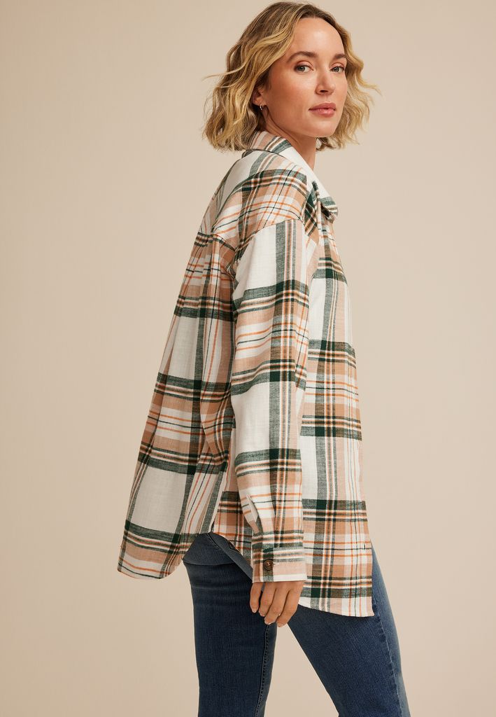 Cabin Plaid Boyfriend Tunic Button Down Shirt - Image 2