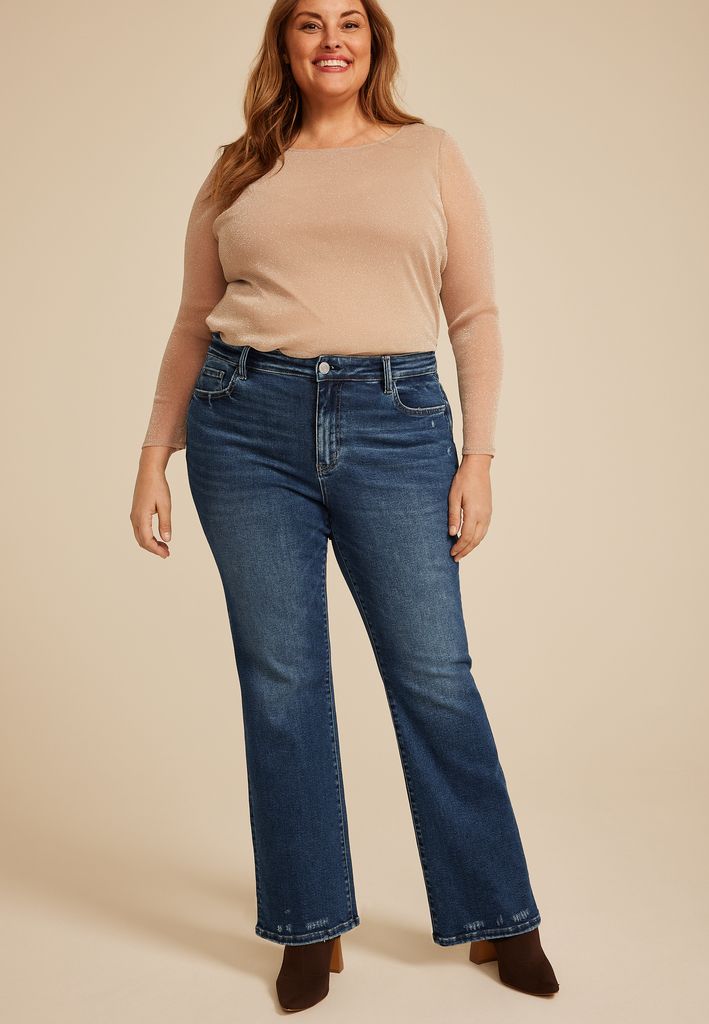 Plus Size Flying Monkey™ Dark High Rise Destructed Hem Slim Boot Jean
