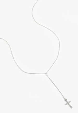 Silver Faux Pearl Cross Y Necklace