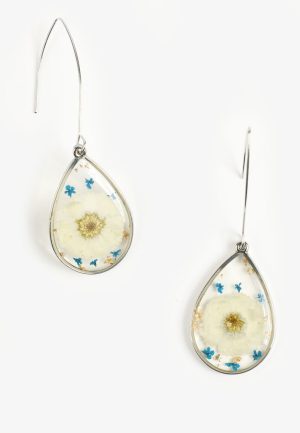 Blue And White Pressed Floral Teardrop Earrings