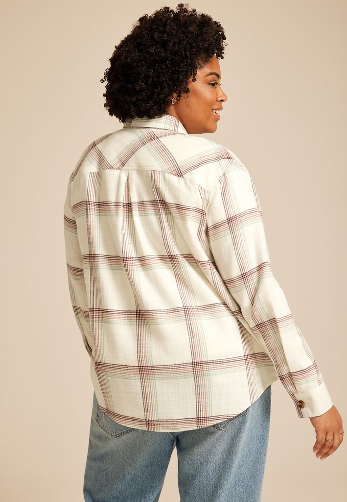 Plus Size Shorty Utility Plaid Button Down Shirt - Image 2