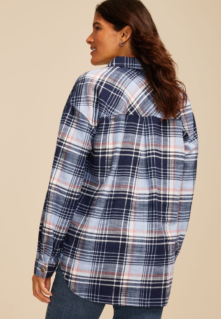 Cabin Plaid Boyfriend Tunic Button Down Shirt - Image 2