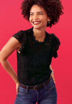 Black Lace Short Sleeve Blouse