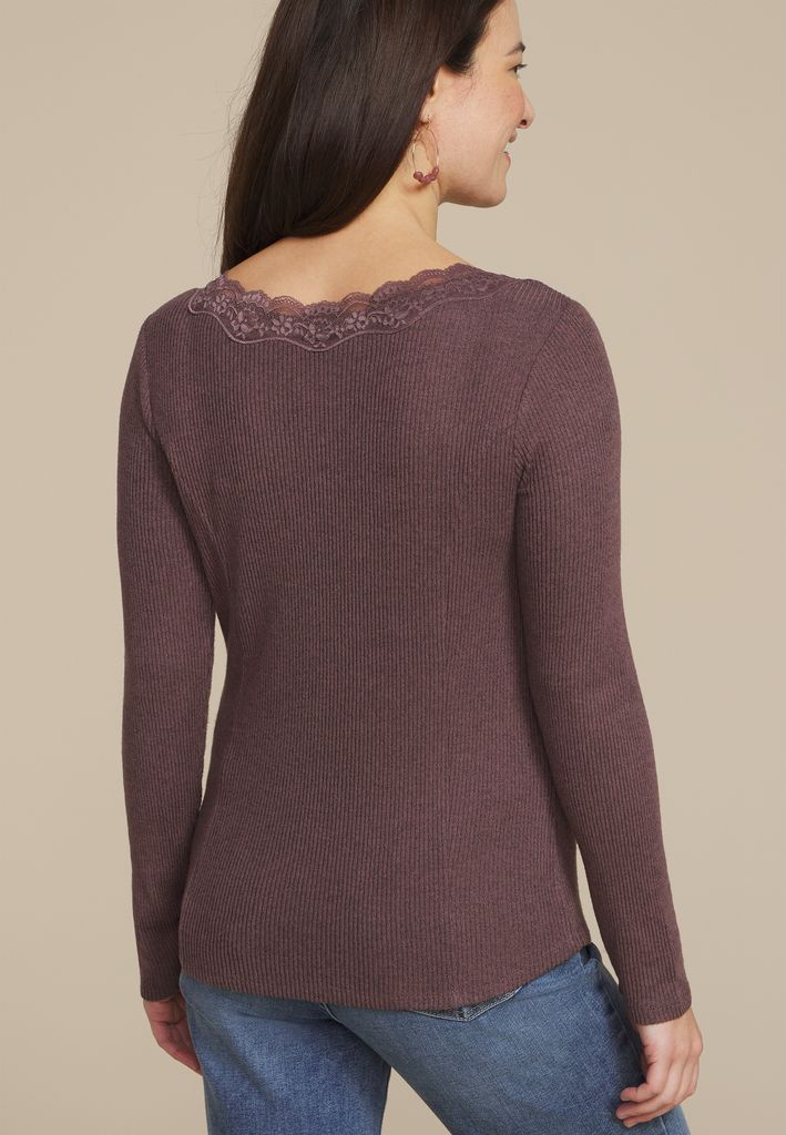 Cozy Lace Trim V Neck Top - Image 2