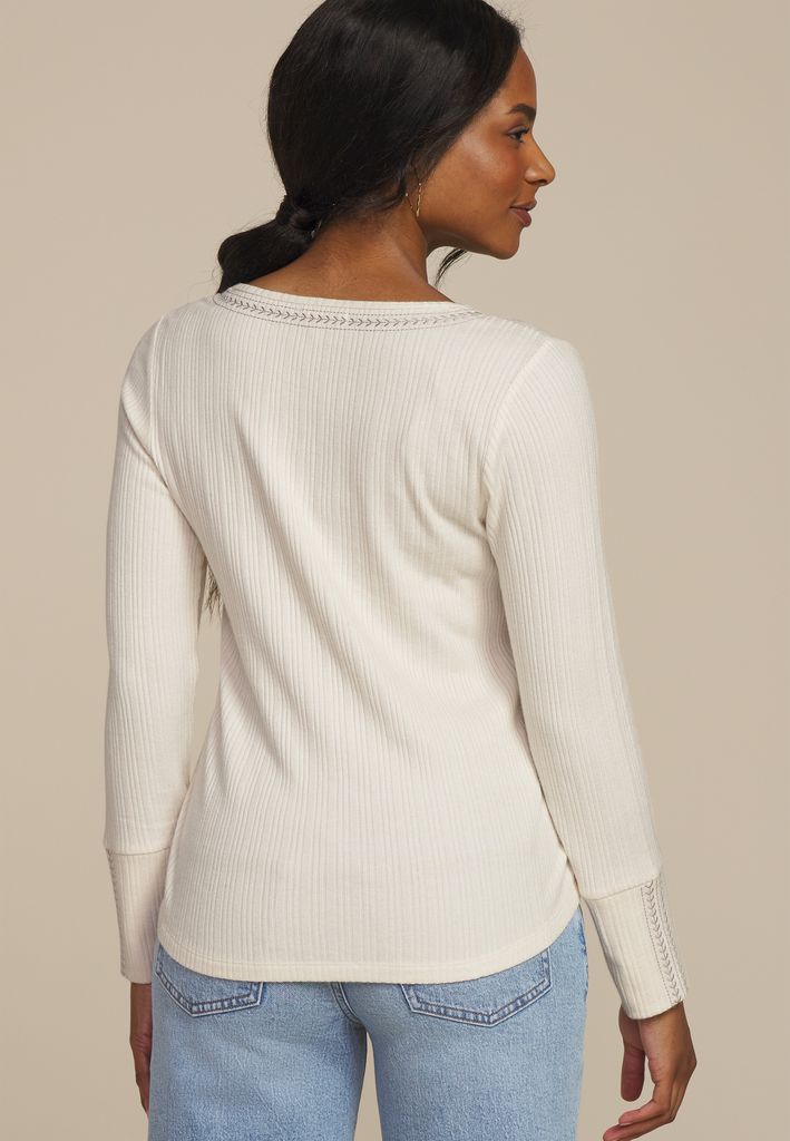 Embroidered Notch Neck Ribbed Long Sleeve Tee - Image 2