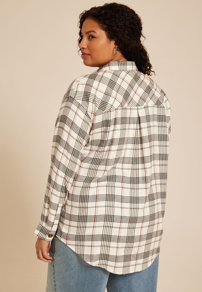 Plus Size Plaid Boyfriend Button Down Shirt - Image 2