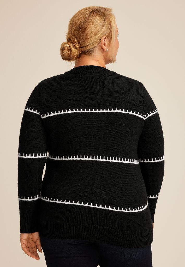 Plus Size Faux Whipstitch Colorblock Knit Crewneck Sweater - Image 2