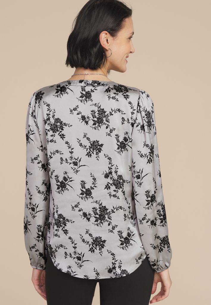 Gray Satin Floral Print Blouse - Image 2