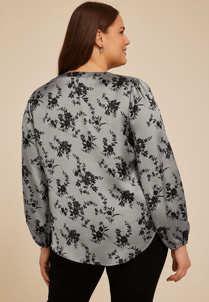 Plus Size Gray Satin Floral Print Blouse - Image 2