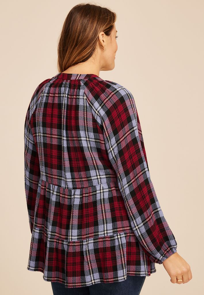 Plus Size Plaid Tiered Button Front Blouse - Image 2