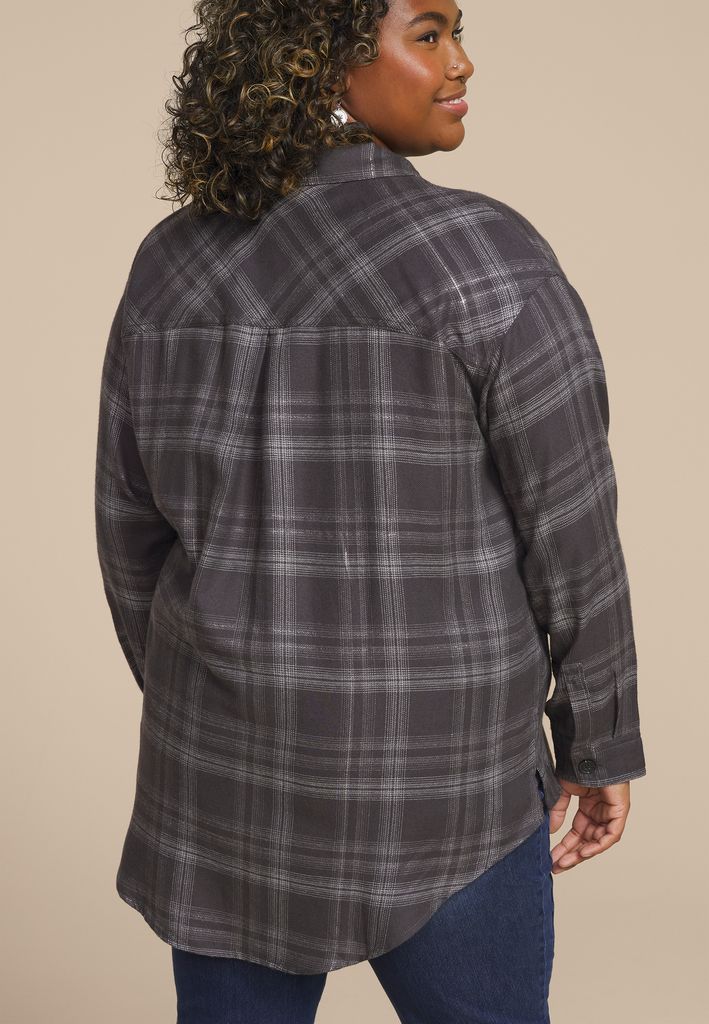 Plus Size Metallic Plaid Boyfriend Tunic Button Down Shirt - Image 2