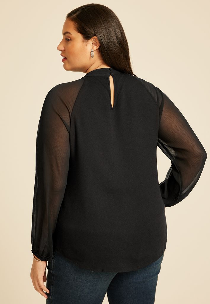 Plus Size Mock Neck Long Sheer Sleeve Blouse - Image 2