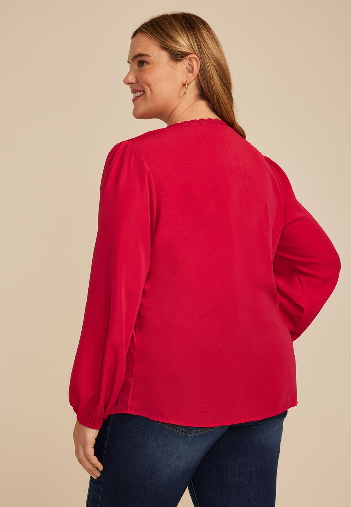 Plus Size V Neck Lace Button Front Blouse - Image 2