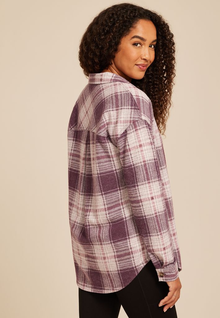 Plush Knit Plaid Boyfriend Button Down Shirt - Image 2