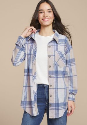 Plush Knit Blue Plaid Boyfriend Button Down Shirt