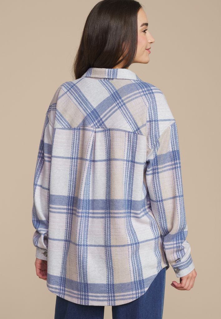 Plush Knit Blue Plaid Boyfriend Button Down Shirt - Image 2