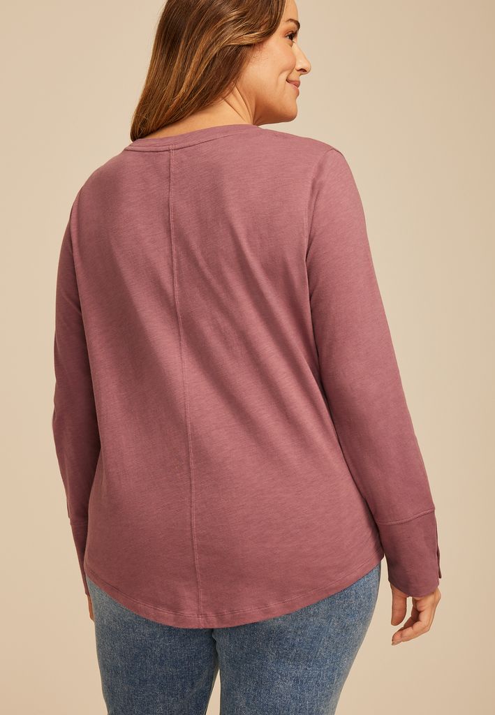 Plus Size Solid Long Sleeve Snap Button Cuff Top - Image 2